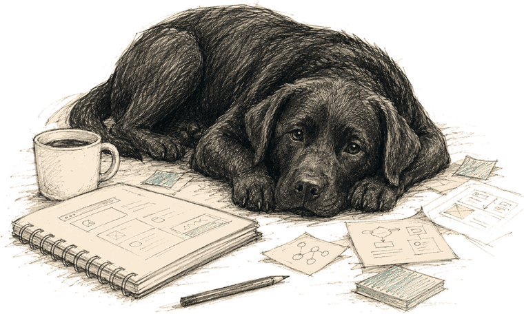 Atom, a black Labrador, resting among sketches, a notebook, a coffee mug and a pencil during a late-night build
