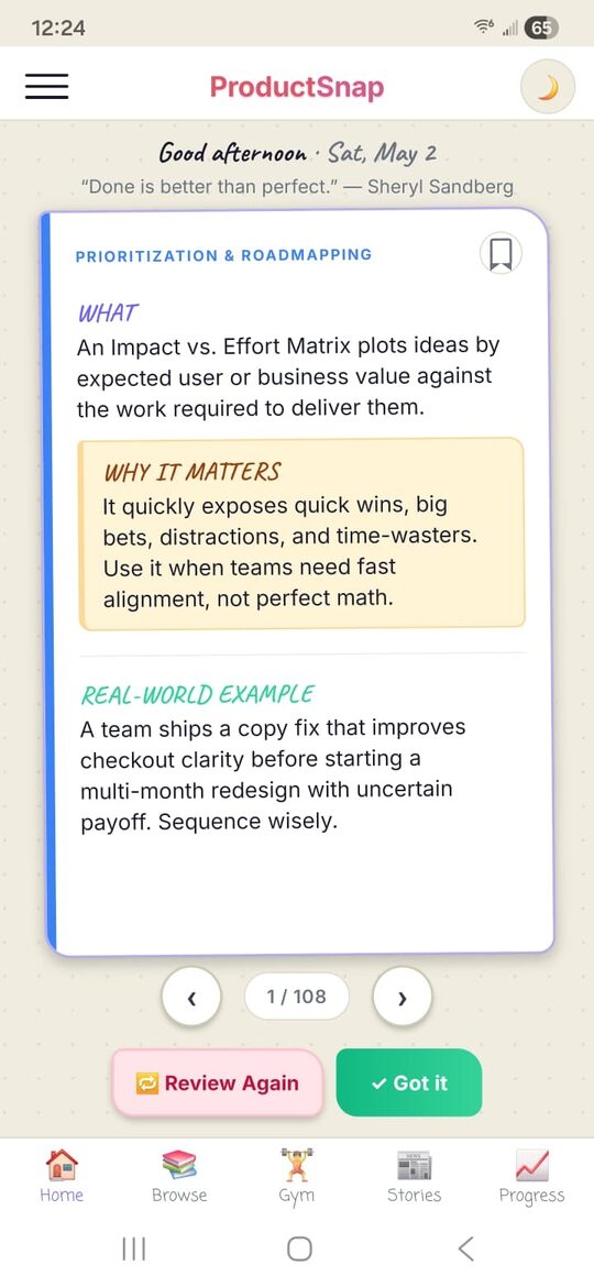 ProductSnap flashcard answer screen with What, Why It Matters, and a real-world example
