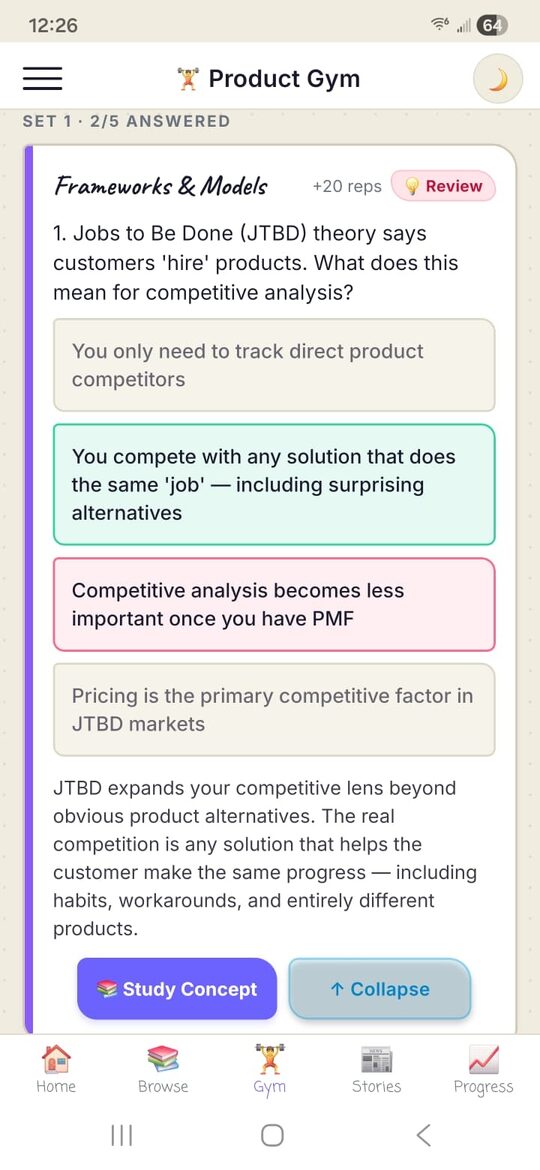 Product Gym — mid-quiz with a multiple-choice prompt and progress dots