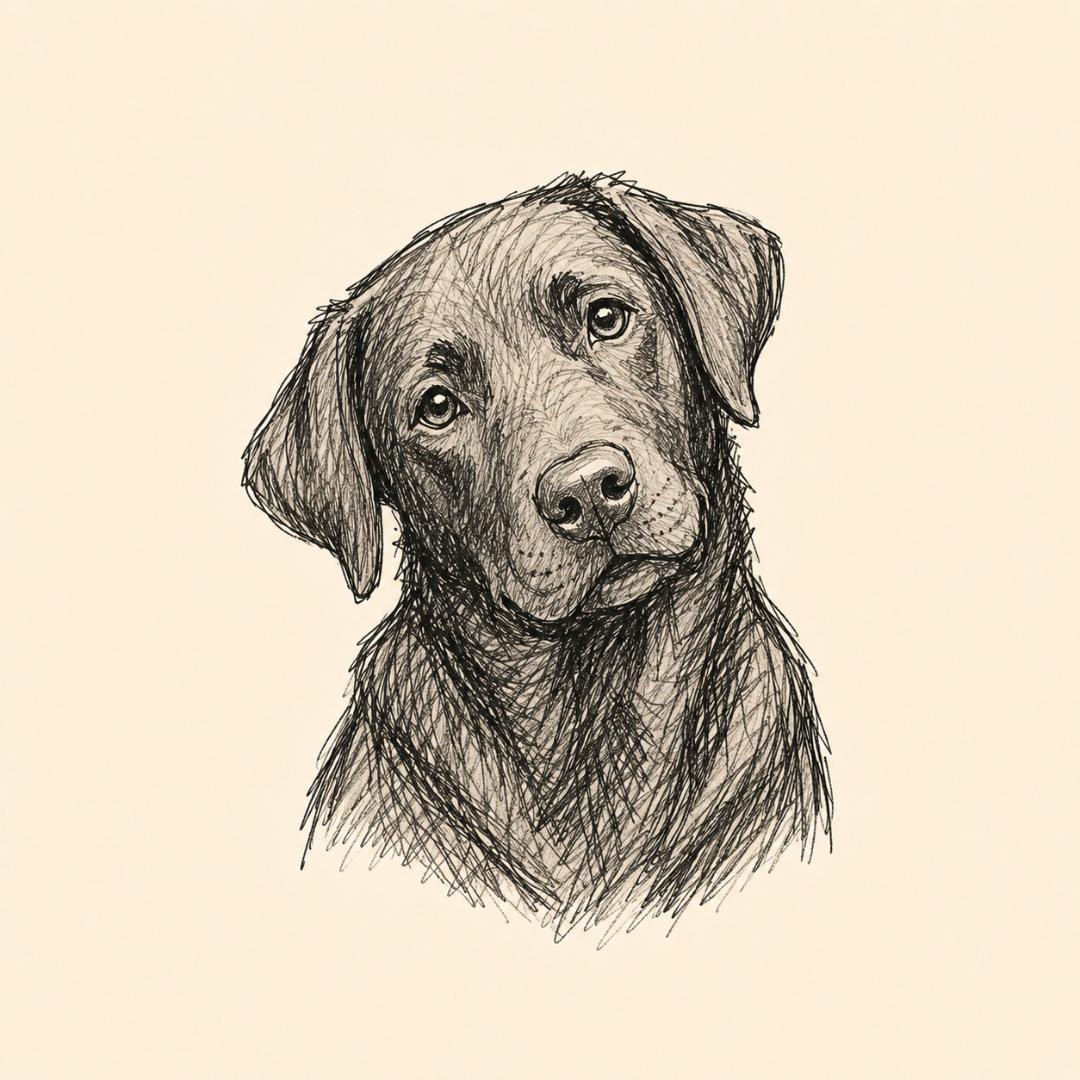 Hand-drawn pencil sketch of Atom, a black Labrador, doing a curious head-tilt